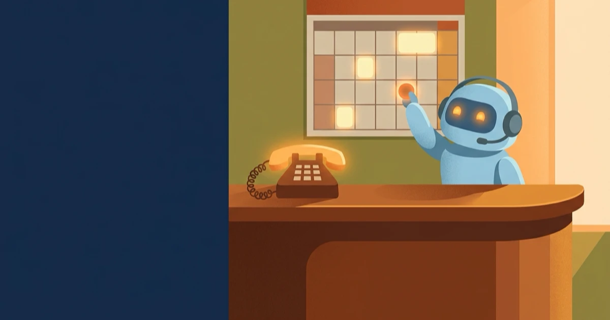 A desk phone next to an open appointment calendar, with a small robot marking a free slot