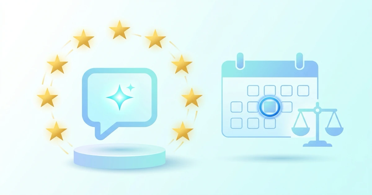 EU-Sterne um eine Chat-Sprechblase neben Compliance-Checkliste und Waage
