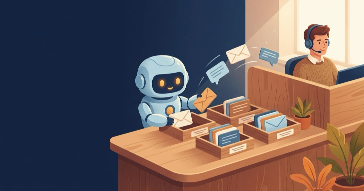 A small service desk at dusk: a robot assistant sorts incoming message cards while a person handles one card by hand