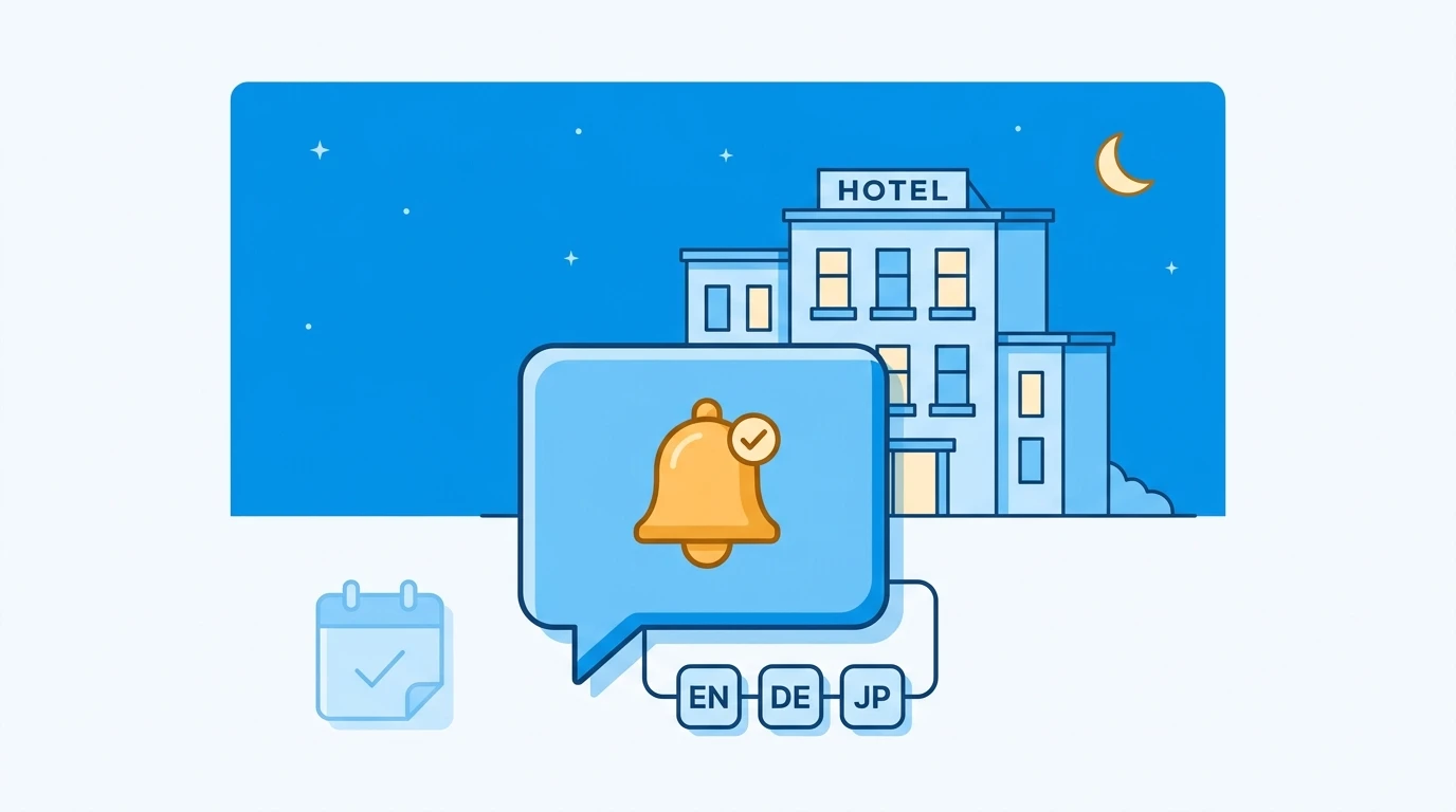 Hotel building at night with a chat bubble, language chips and a confirmed booking calendar