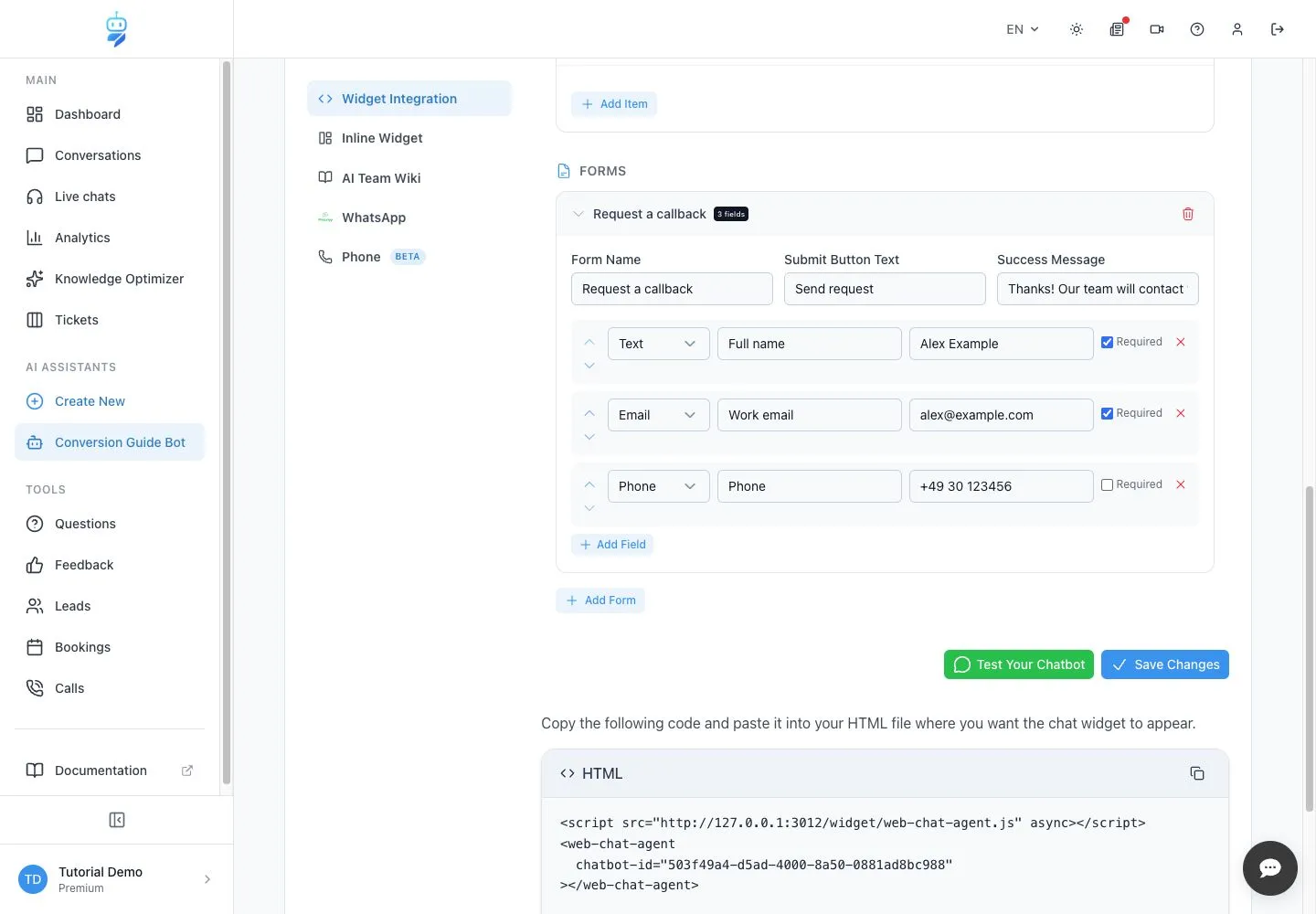 WebChatAgent interface showing build the callback form and field validation
