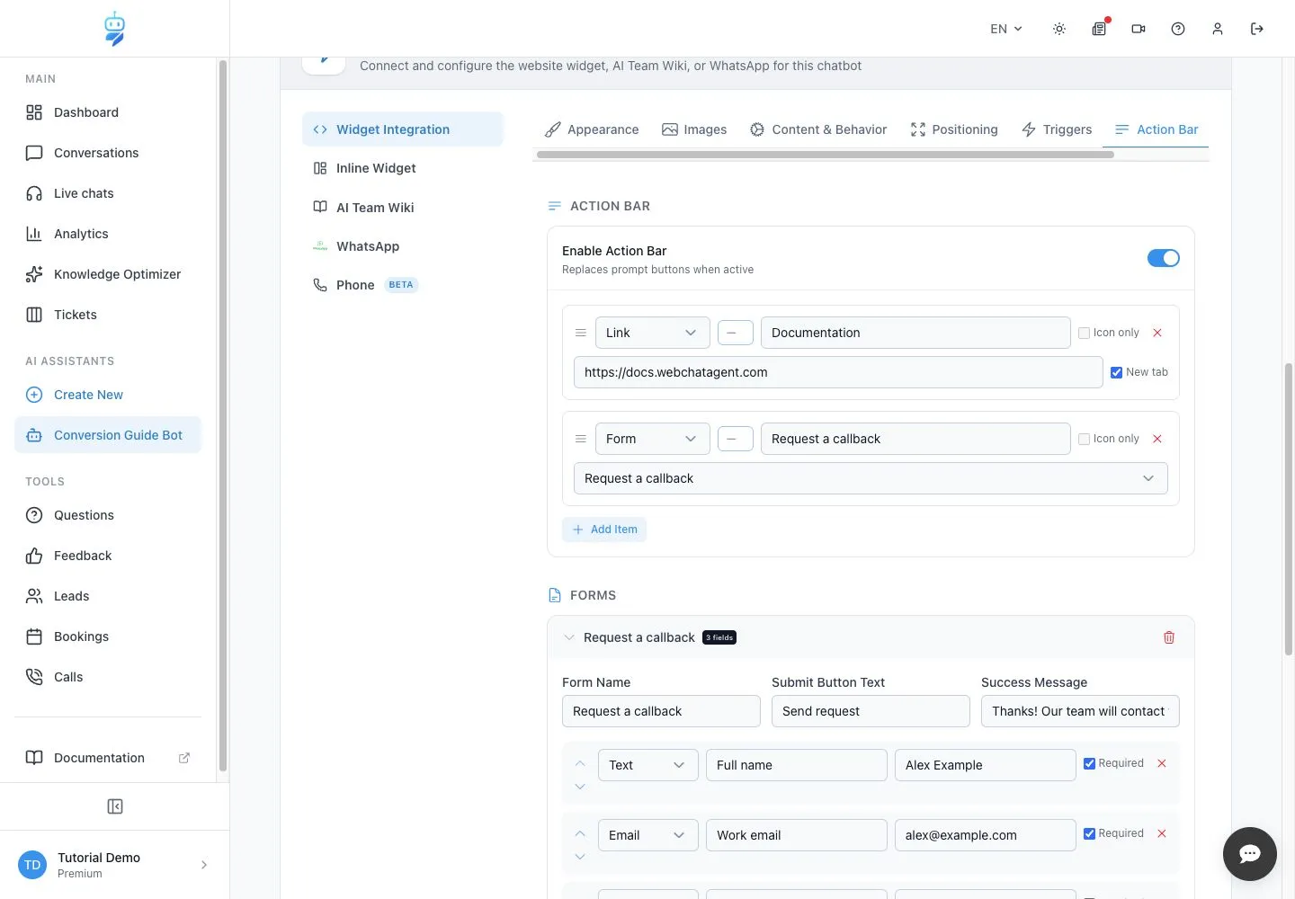 WebChatAgent interface showing connect a documentation link and the form