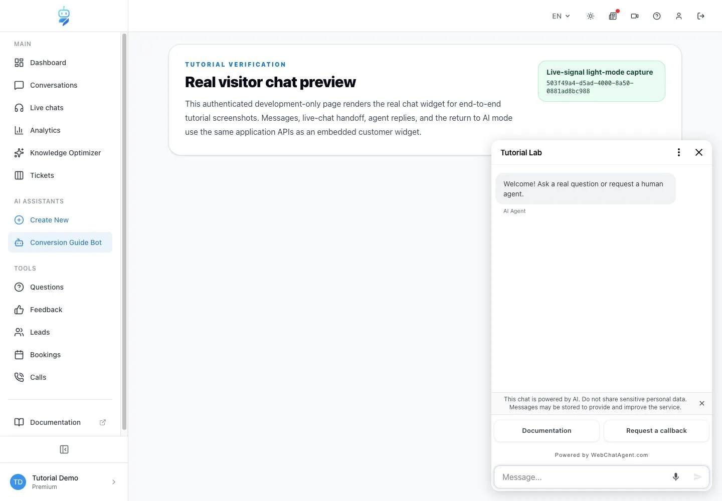 WebChatAgent interface showing verify both actions in the live widget