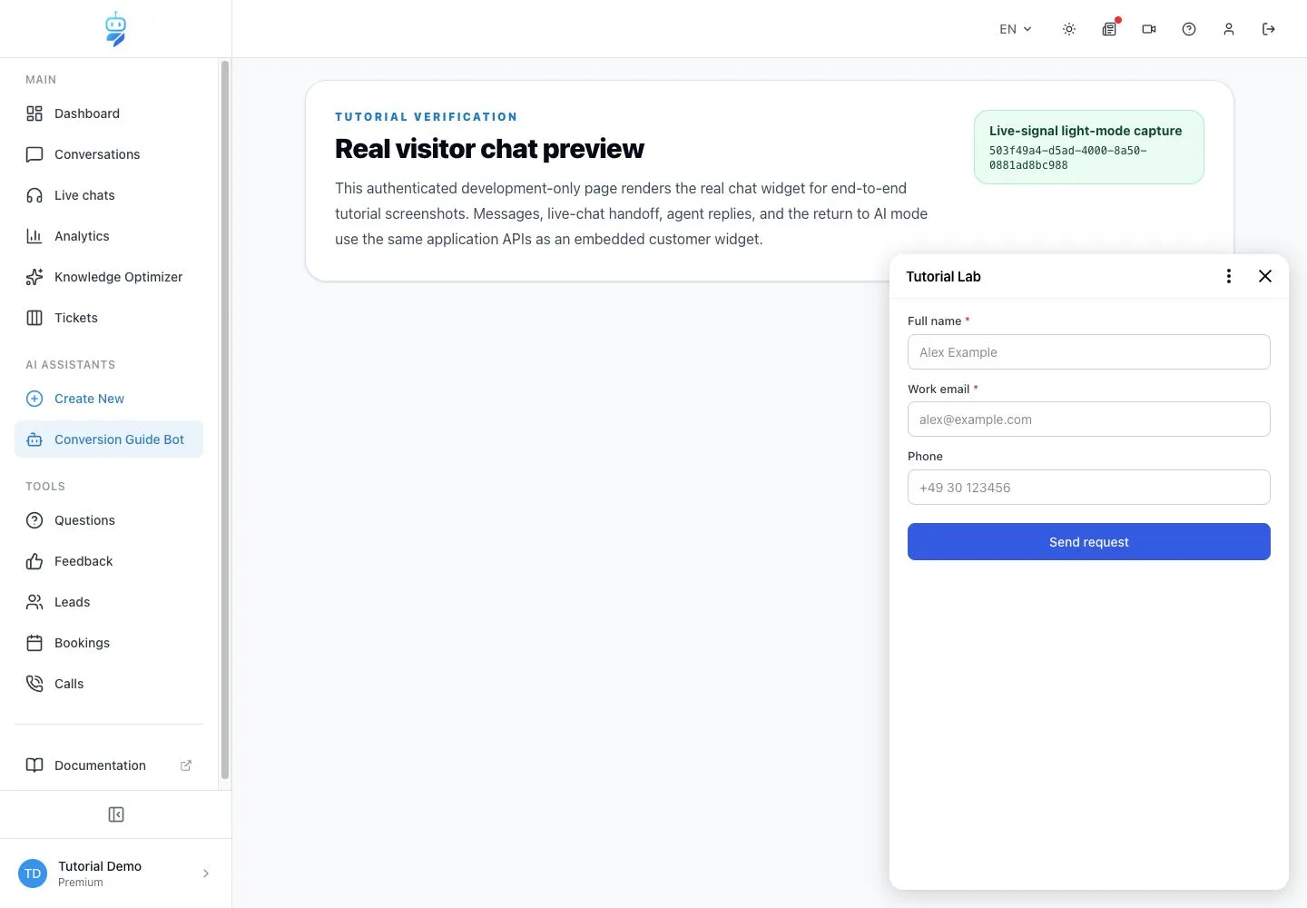 WebChatAgent interface showing complete the form as a visitor
