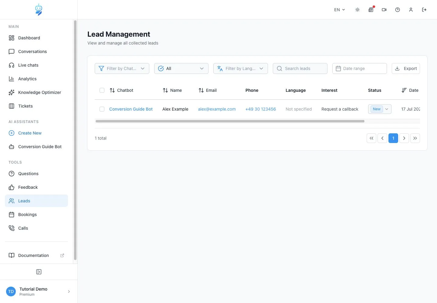 WebChatAgent interface showing verify the stored lead in the dashboard