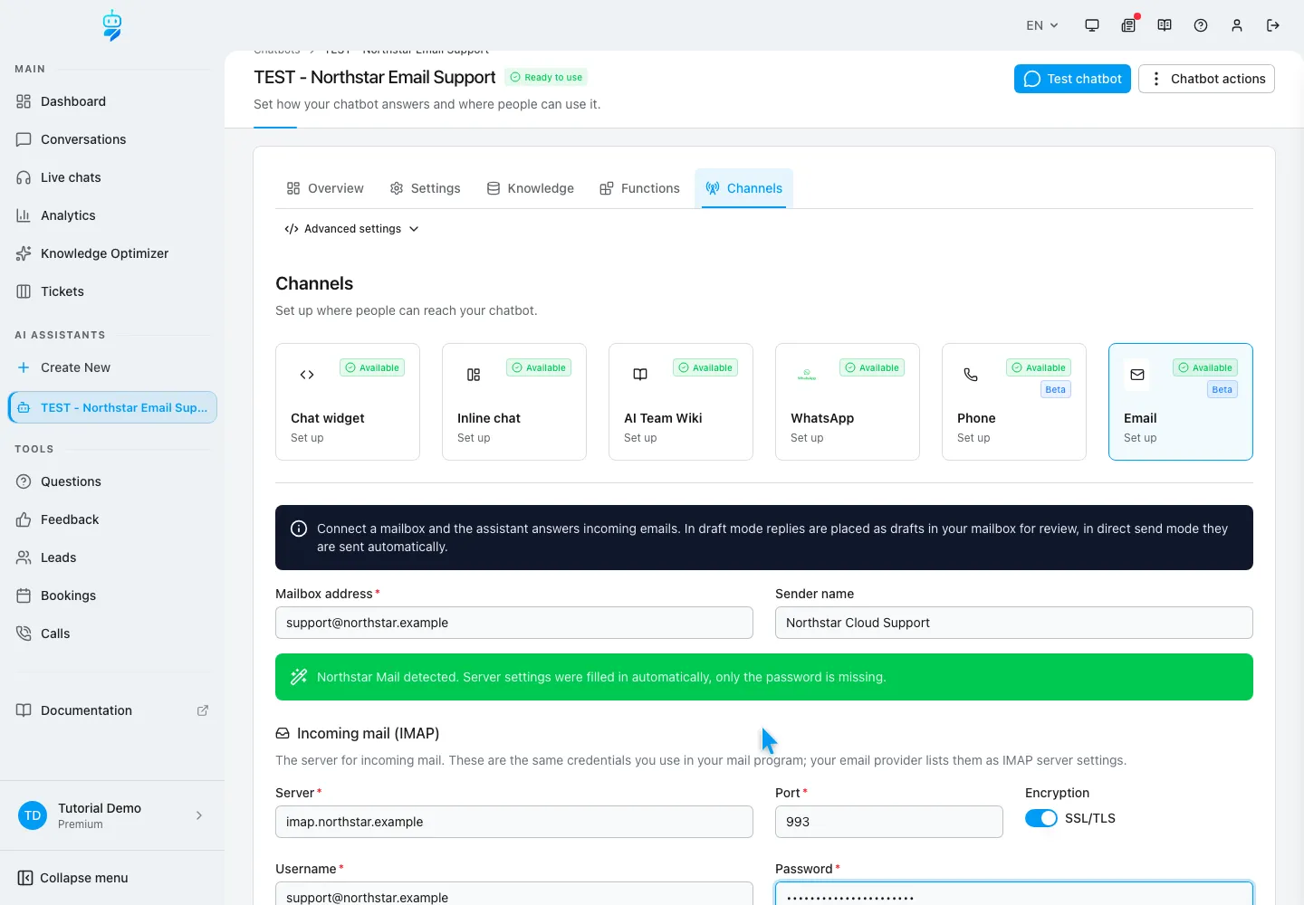 Englische WebChatAgent-Oberfläche: Postfachidentität und IMAP-Zugang eintragen