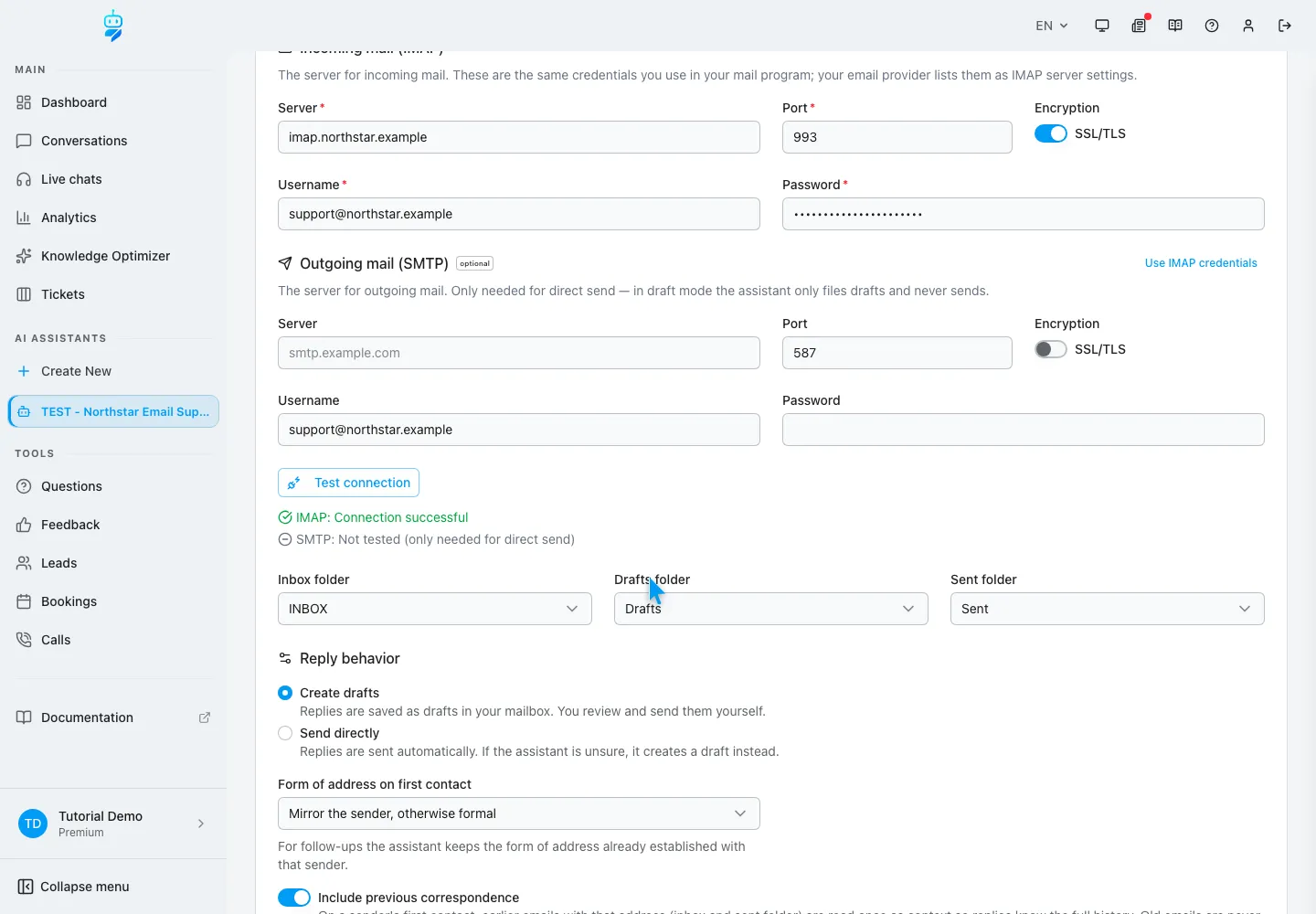 Englische WebChatAgent-Oberfläche: Verbindung und erkannte Ordner testen