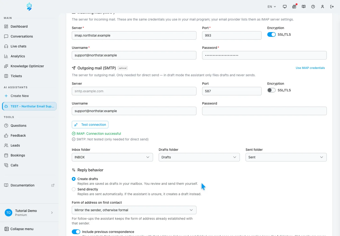 Englische WebChatAgent-Oberfläche: Create drafts als Startmodus wählen