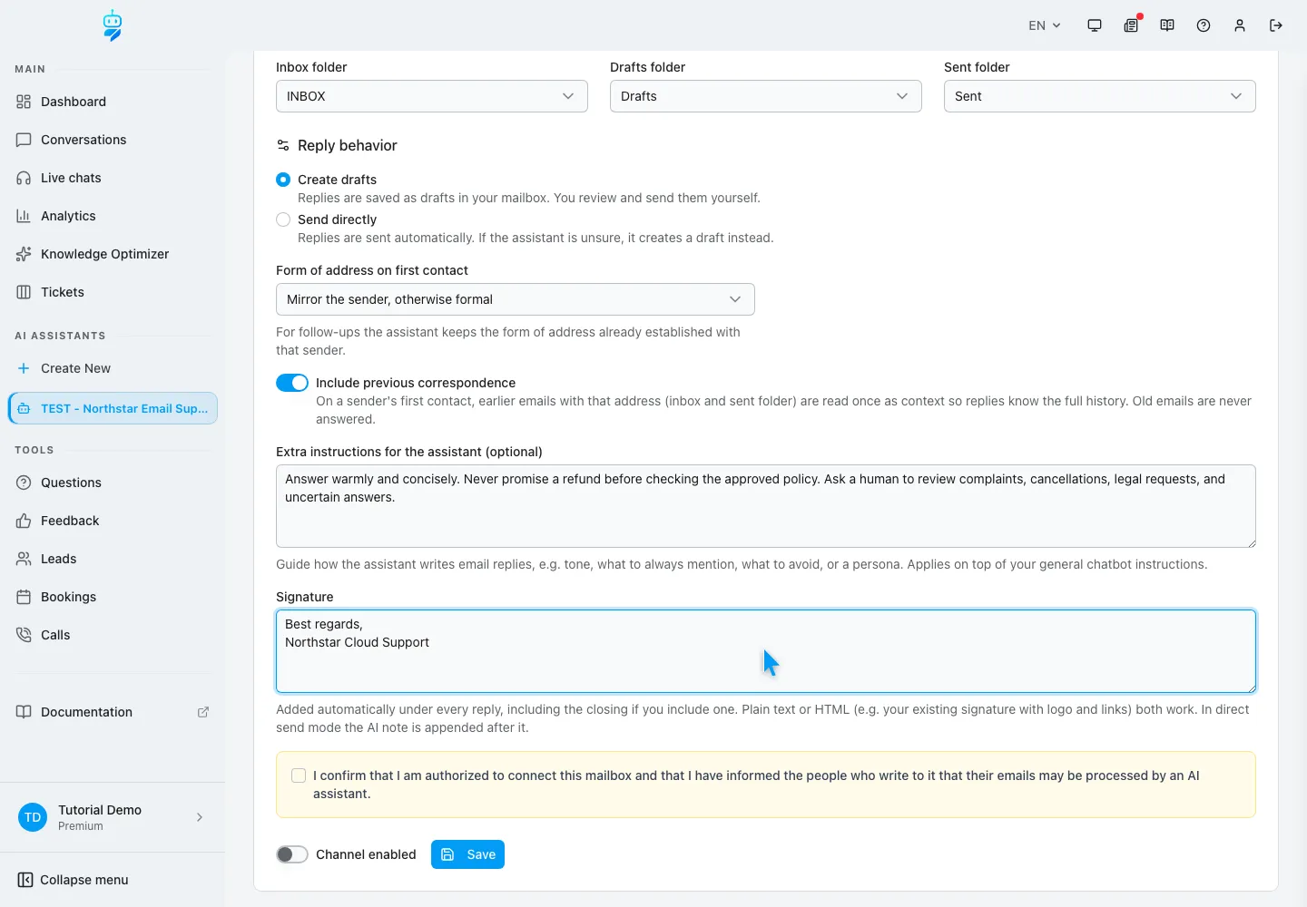 Englische WebChatAgent-Oberfläche: Anrede, Verlauf, Anweisung und Signatur konfigurieren