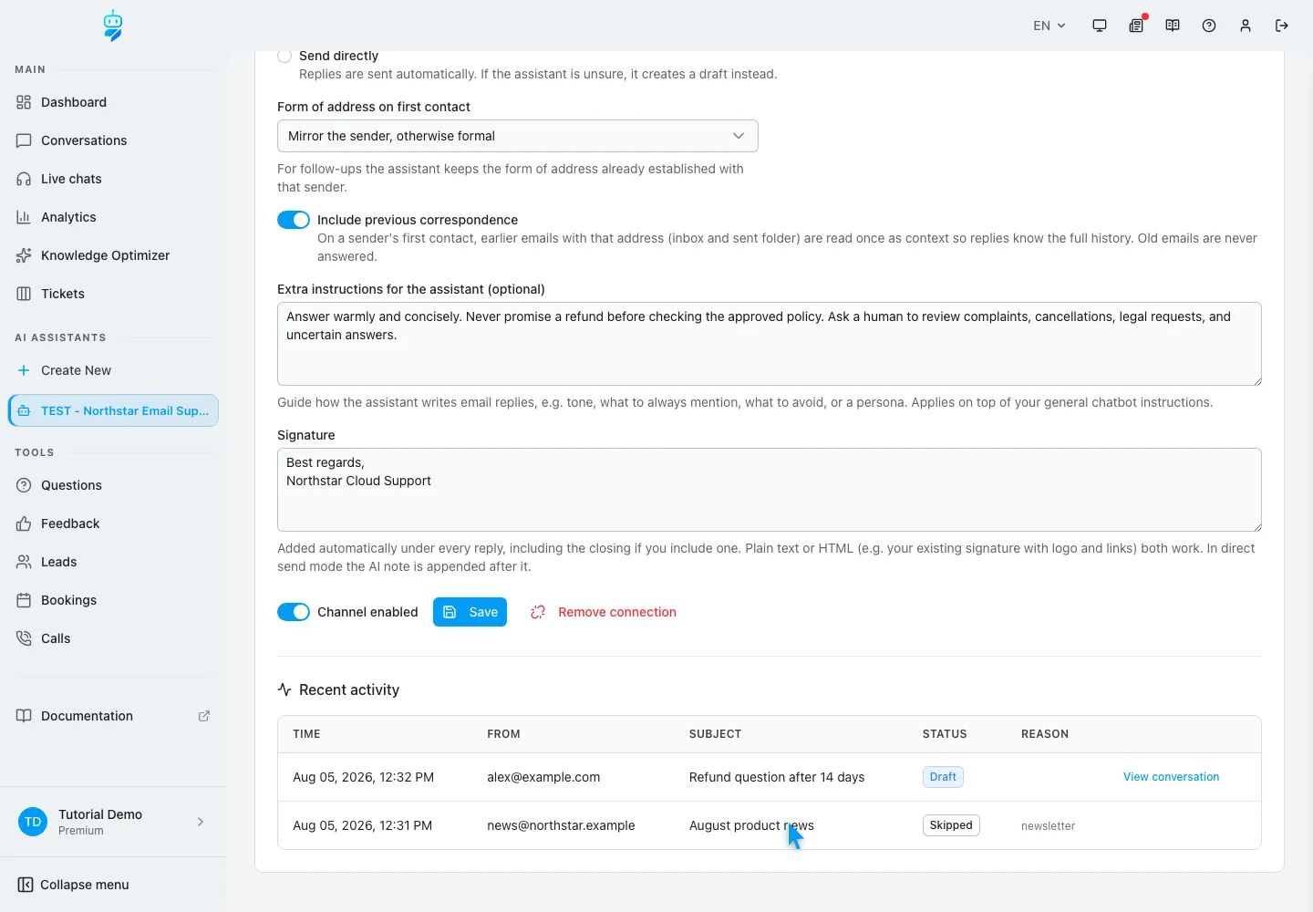 Englische WebChatAgent-Oberfläche: Entscheidungen unter Recent activity lesen