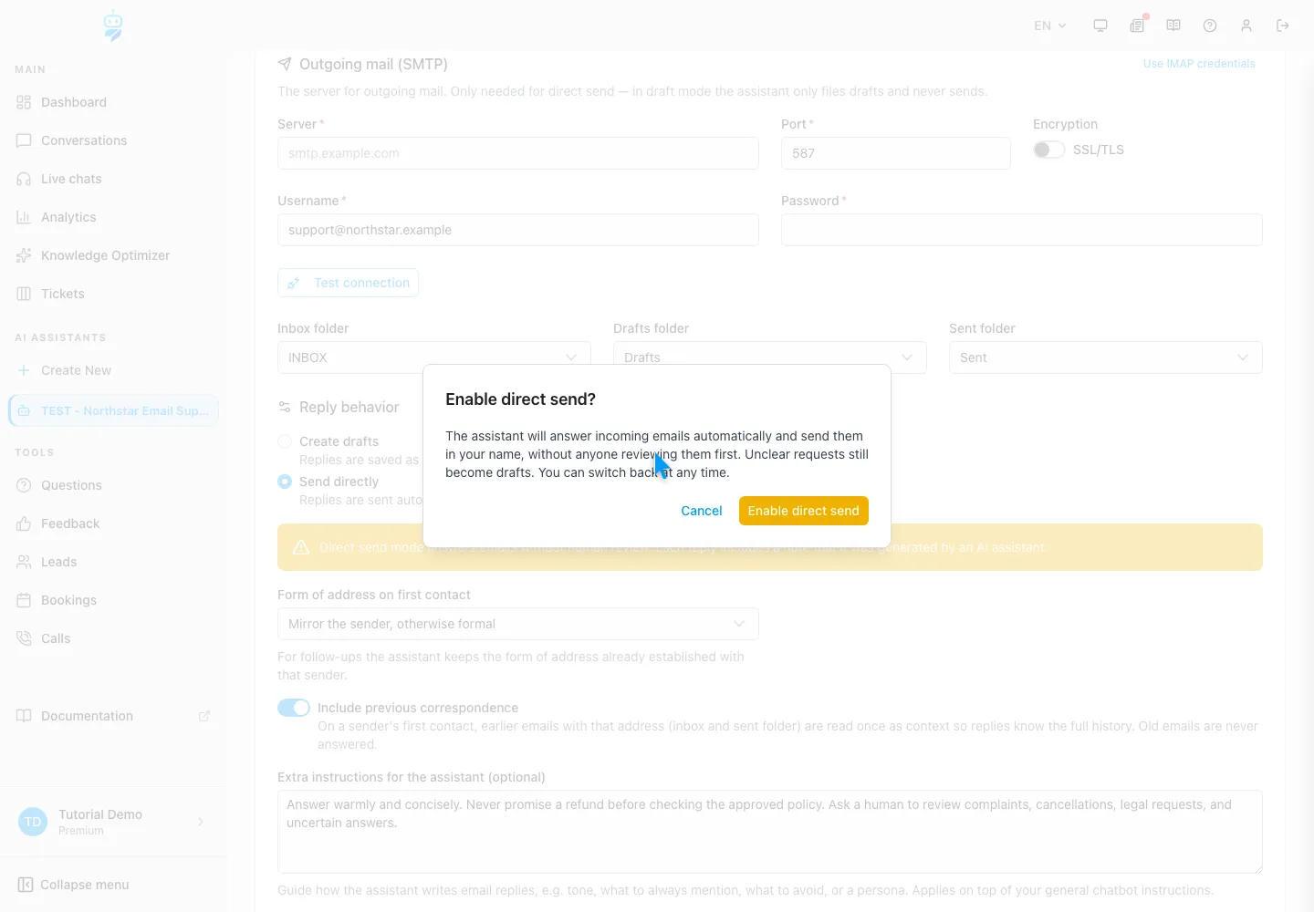 Englische WebChatAgent-Oberfläche: Direct Send als eigenes Release behandeln