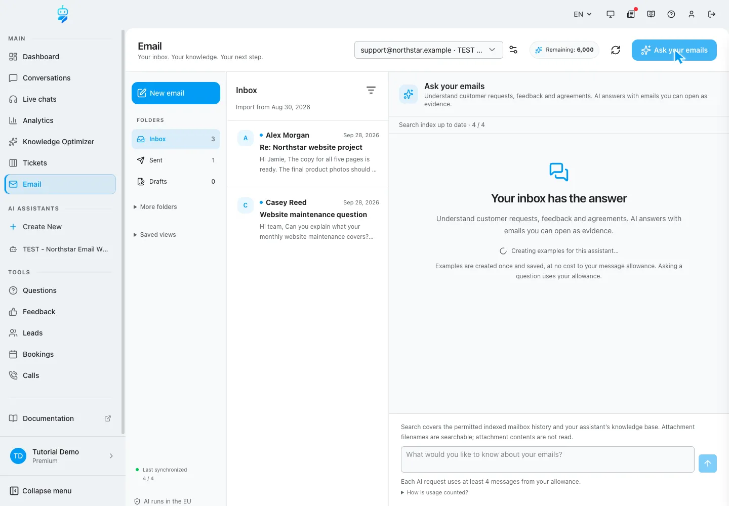 Interfaccia WebChatAgent che mostra come aprire l'email e selezionare la casella corretta