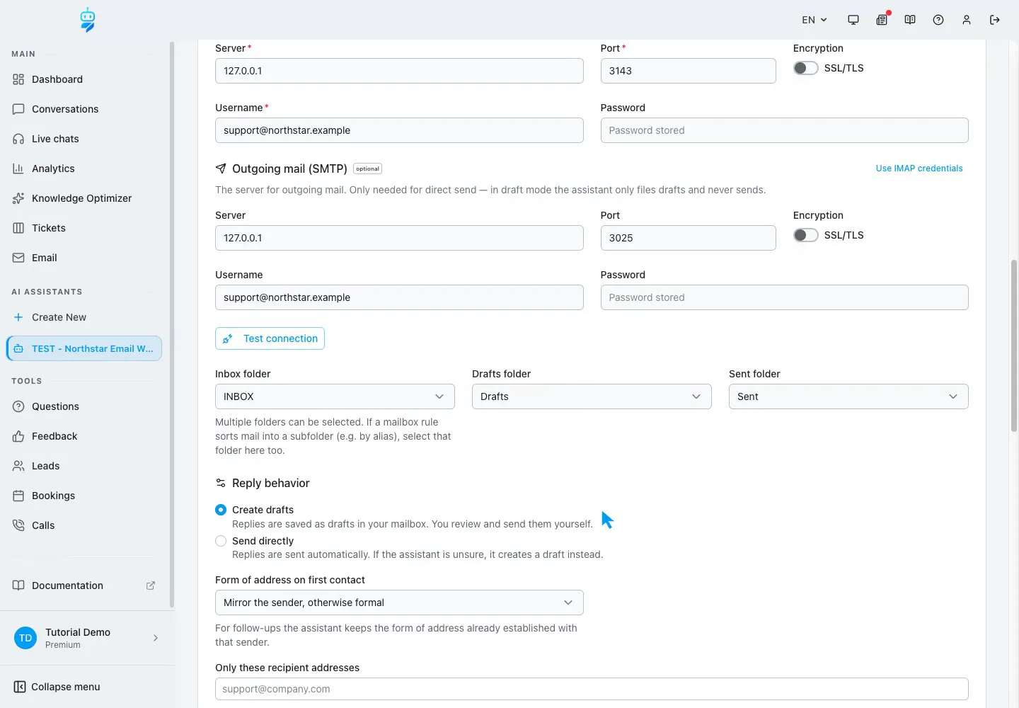 Interfaccia WebChatAgent che mostra il controllo di SMTP, delle cartelle della casella e di Create drafts