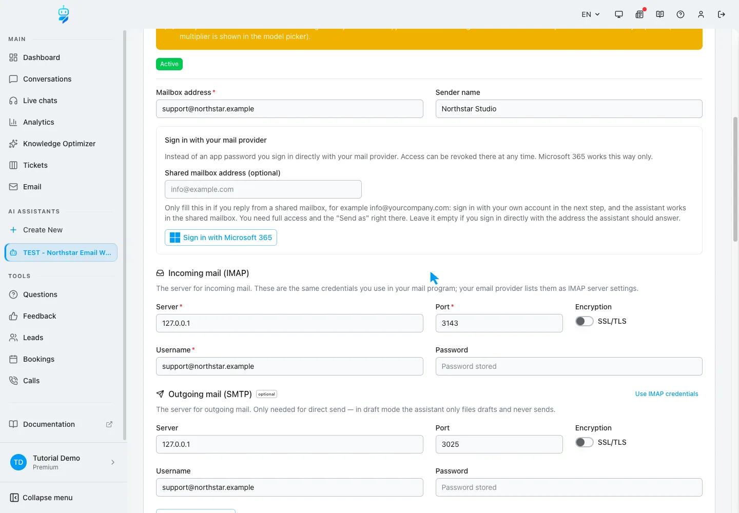 Interfaccia WebChatAgent che mostra la verifica dell'identità della casella e della connessione in entrata