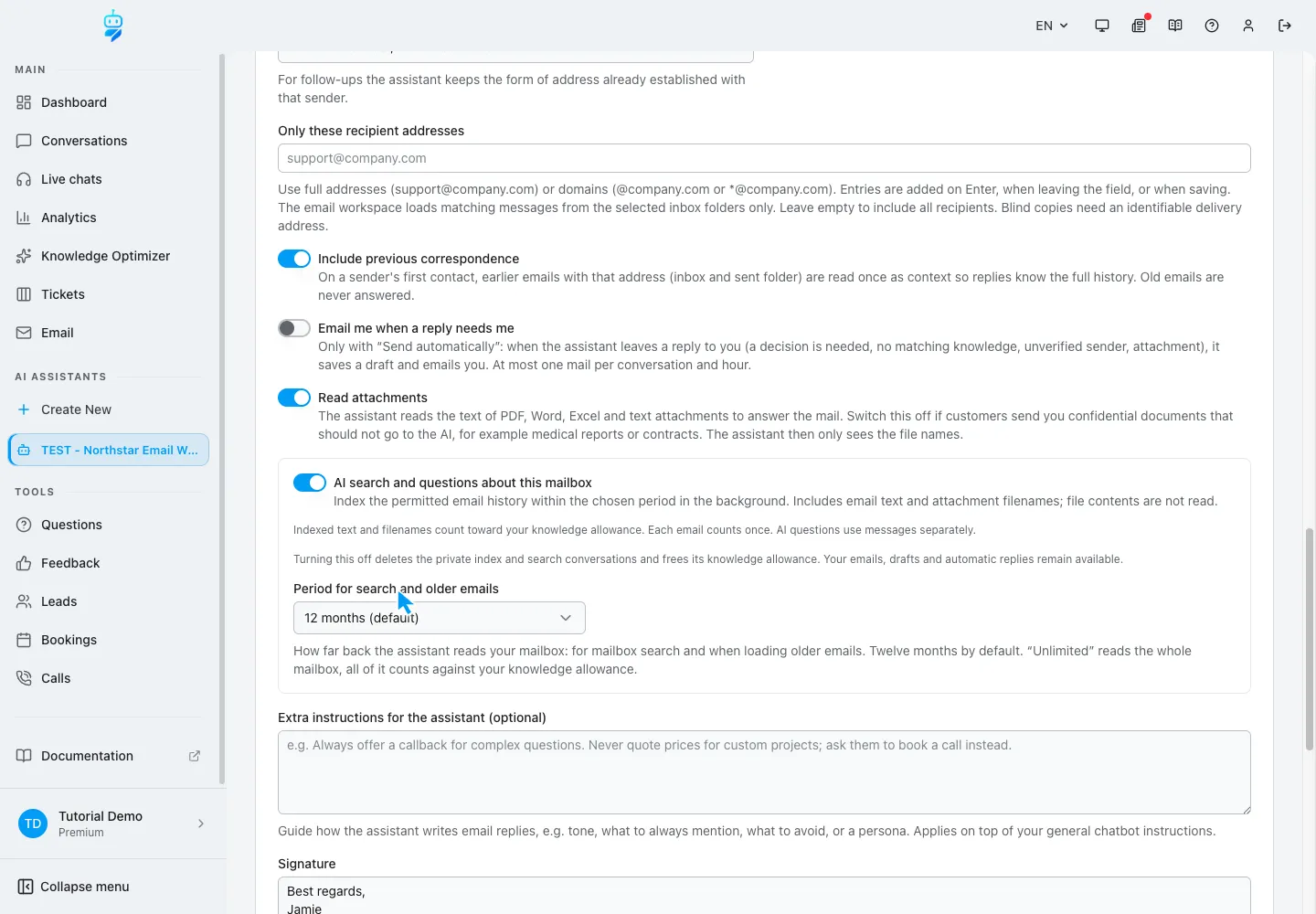 Interfaccia WebChatAgent che mostra come limitare la cronologia ricercabile e attendere l'indice