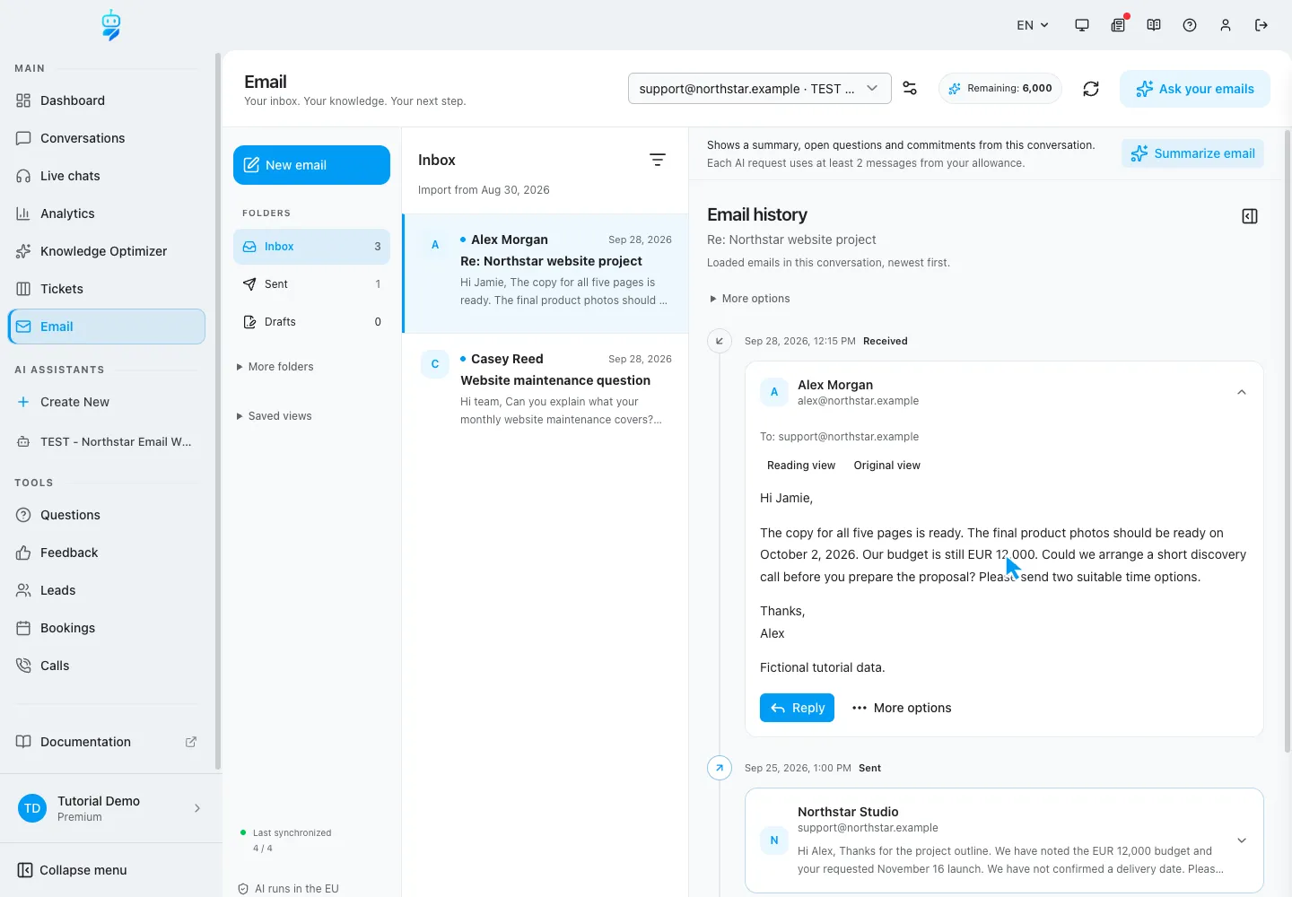 Interfaccia WebChatAgent che mostra la lettura dell'ultimo messaggio di Alex prima della stesura della bozza