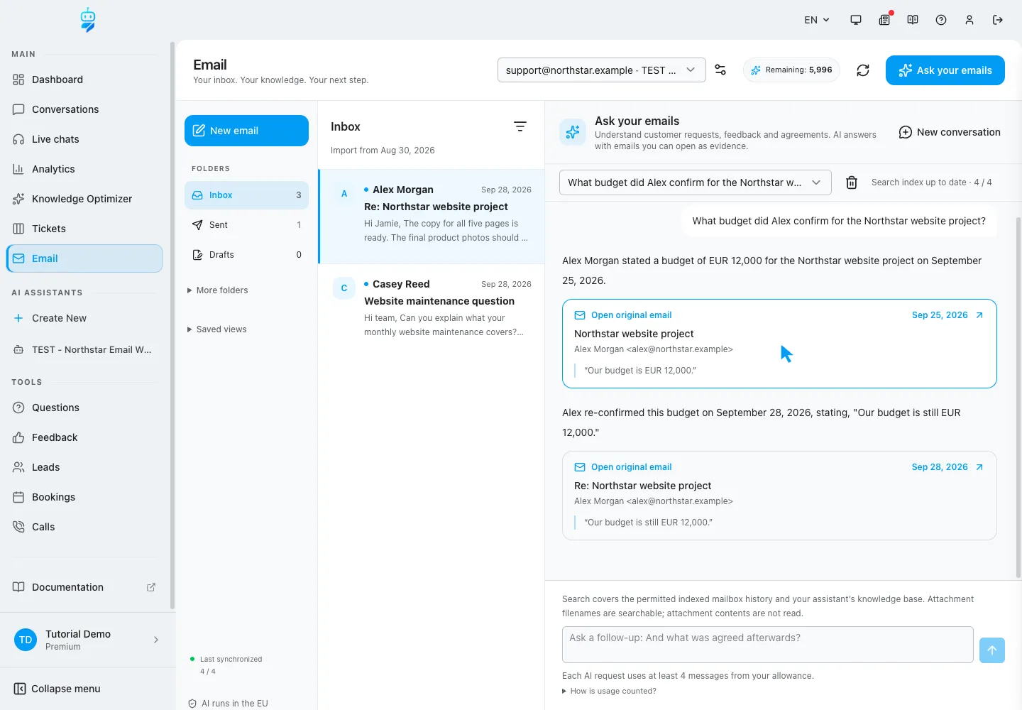 Interfaccia WebChatAgent che mostra una domanda precisa sul budget