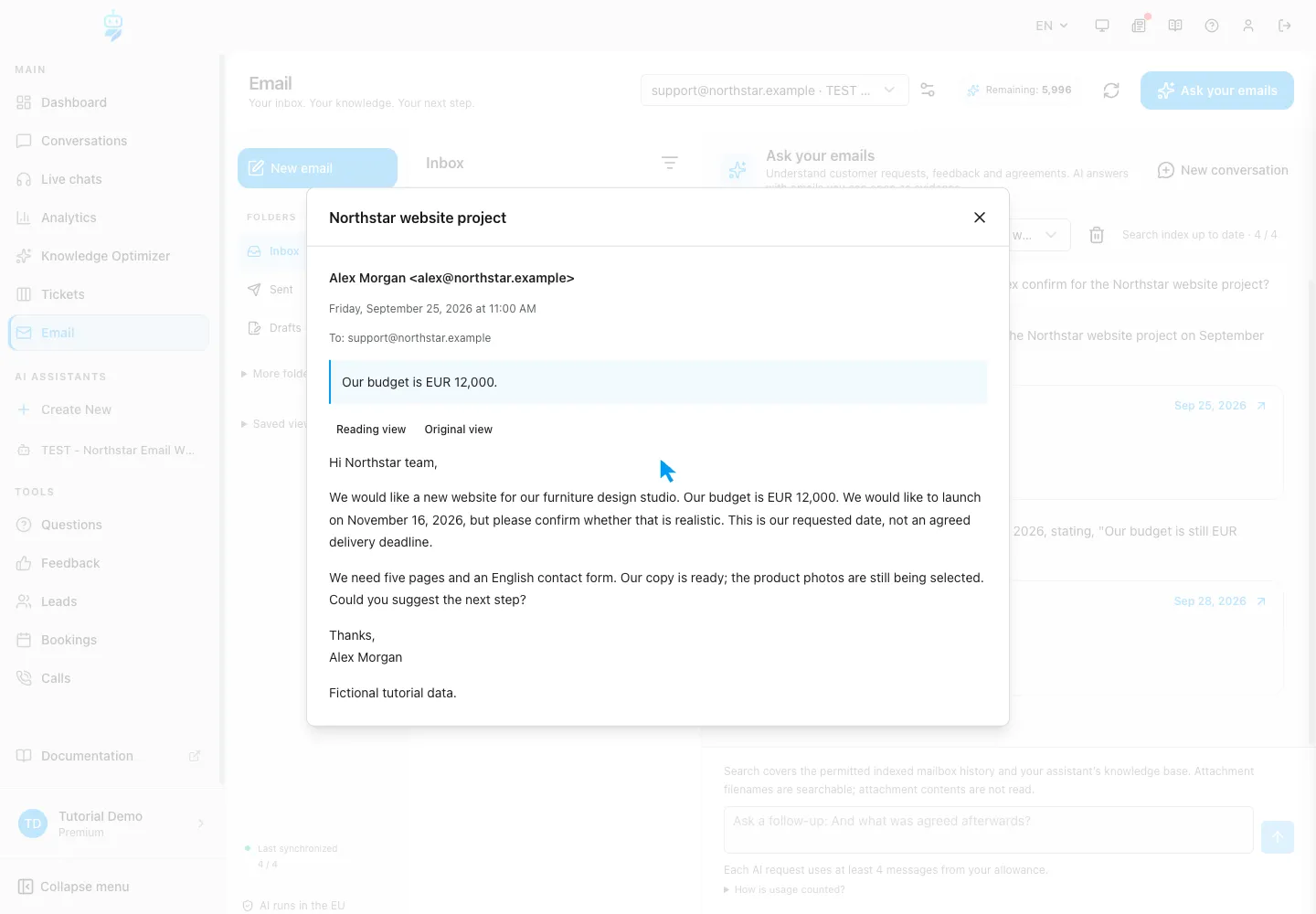 Interfaccia WebChatAgent che mostra l'apertura dell'email originale collegata alla risposta