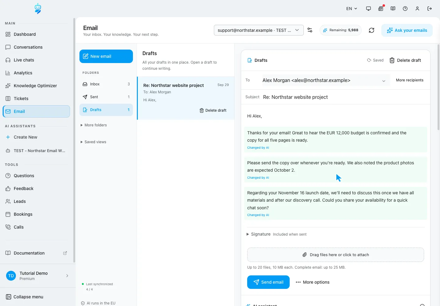Interfaccia WebChatAgent che mostra l'uscita dalla bozza e la riapertura della versione salvata