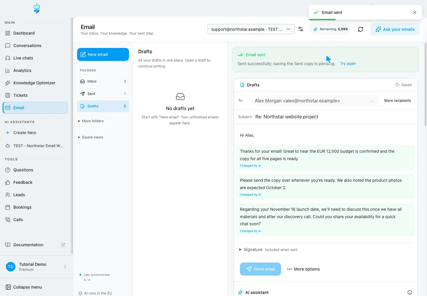 Interfaccia WebChatAgent che mostra il controllo della risposta e l'invio manuale