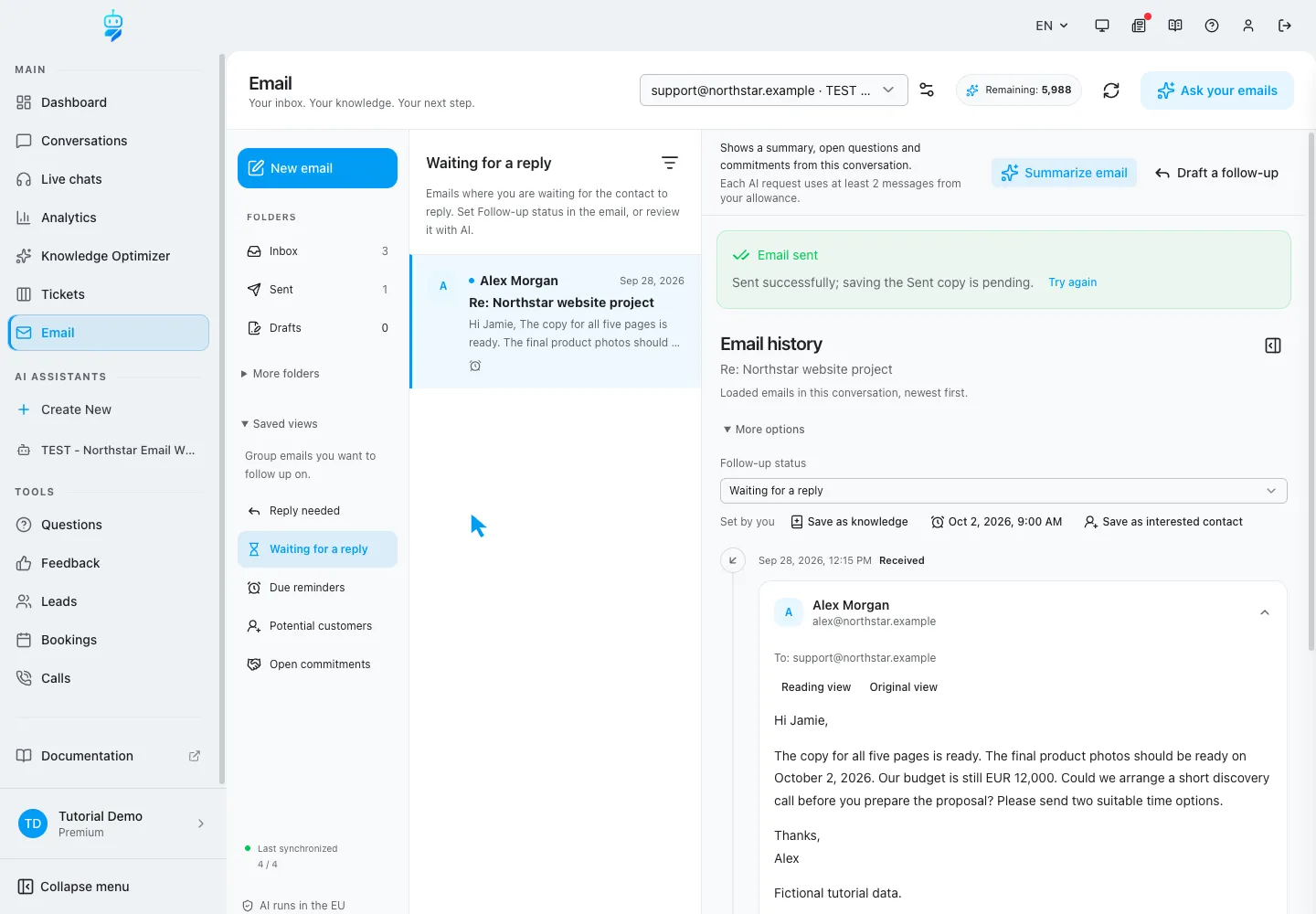 Interfaccia WebChatAgent che mostra l'impostazione di Waiting for a reply e di un promemoria