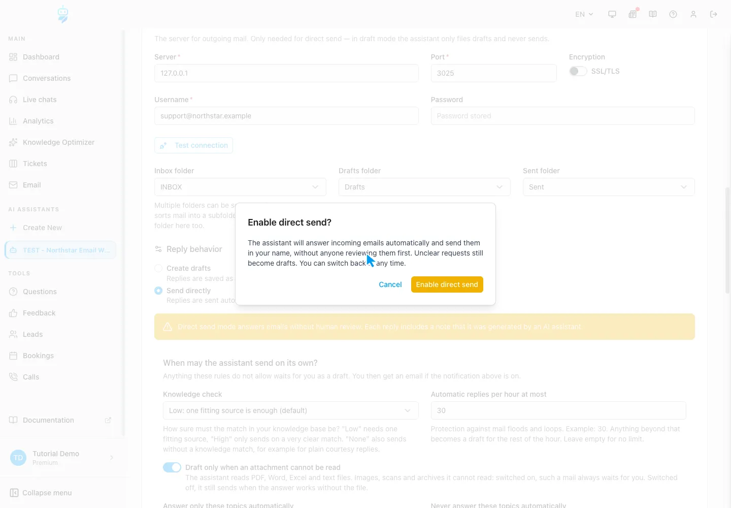 Interfaccia WebChatAgent che mostra il mantenimento delle risposte automatiche in arrivo in modalità bozza