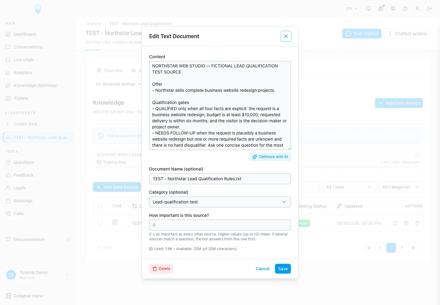 WebChatAgent interface showing define the qualification criteria first