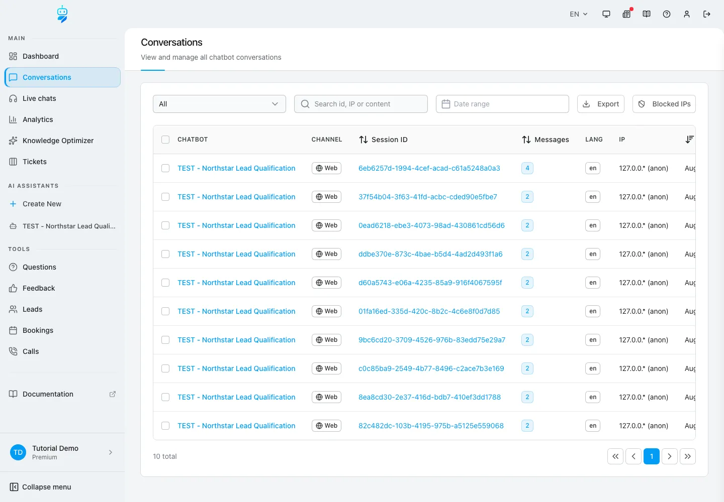 WebChatAgent interface showing create ten isolated test conversations