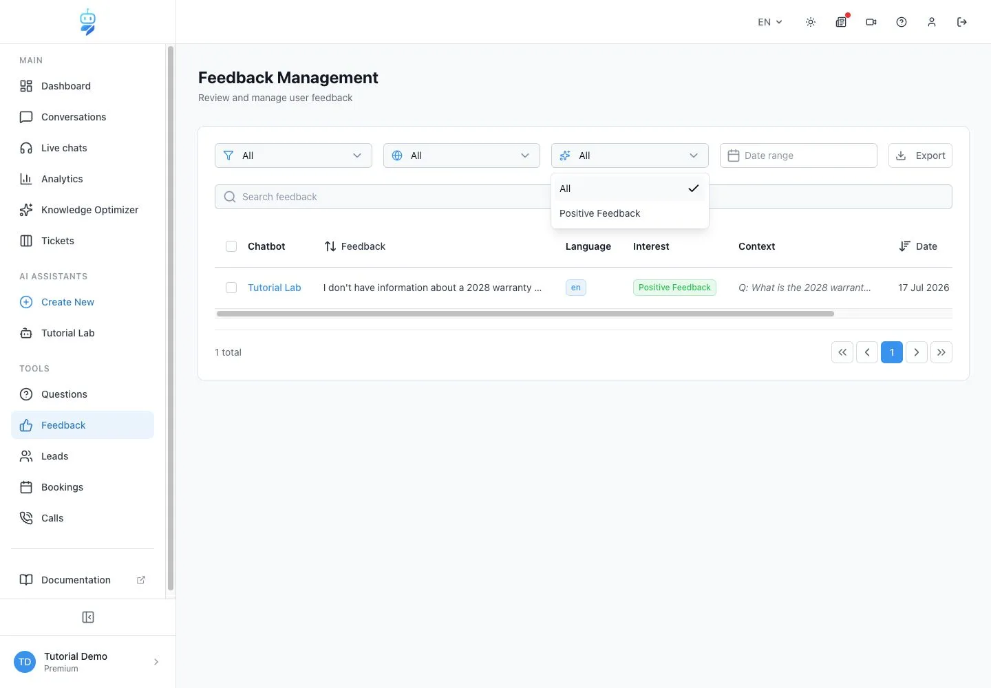 WebChatAgent interface showing filter negative feedback and interest type