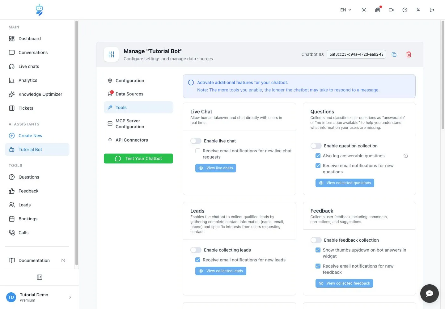 WebChatAgent interface showing configure notifications and recipients