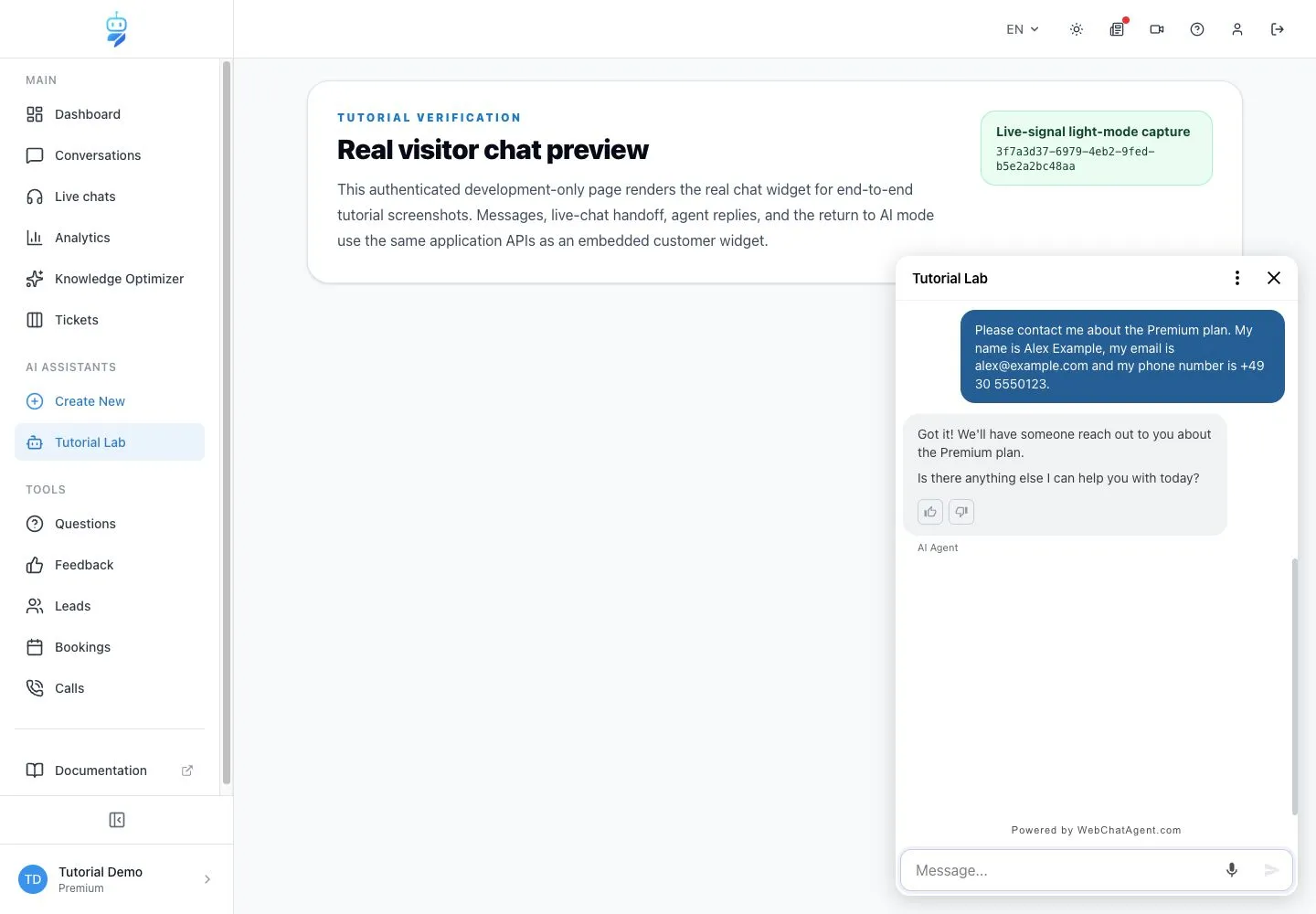 WebChatAgent interface showing test natural name, email and phone capture