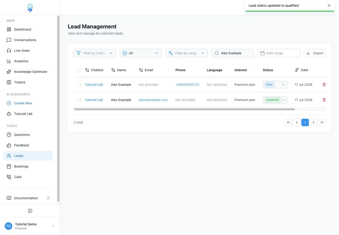 WebChatAgent interface showing update status and export csv