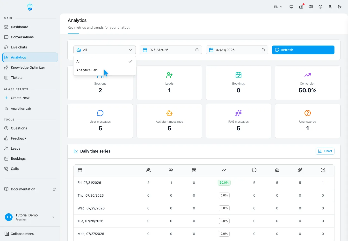 WebChatAgent interface showing choose one chatbot or the whole account