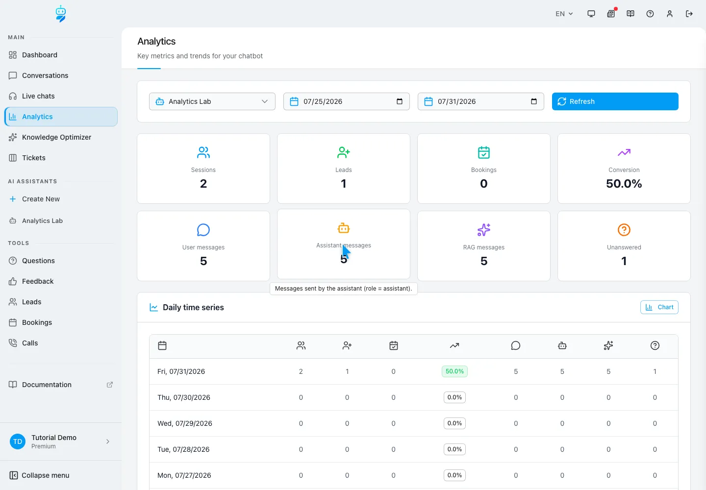 WebChatAgent interface showing read sessions, user messages and assistant messages together