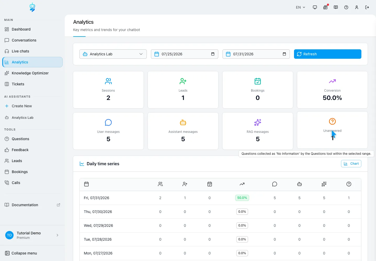 WebChatAgent interface showing interpret answers with sources and unanswered carefully