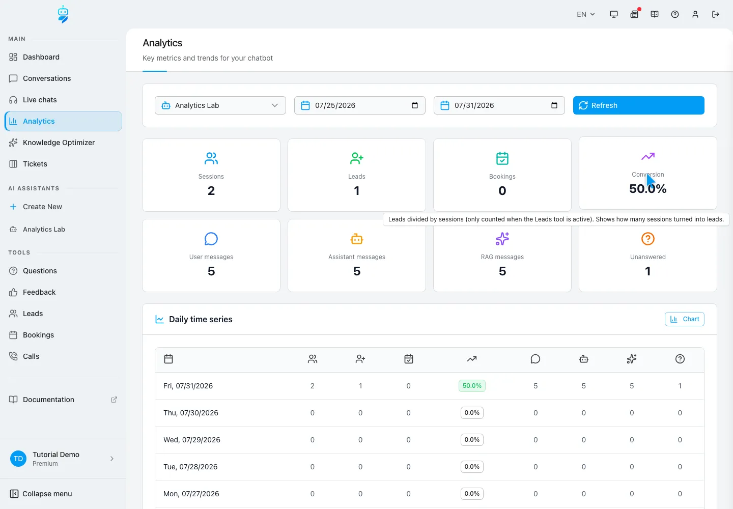 WebChatAgent interface showing calculate leads, bookings and conversion rate