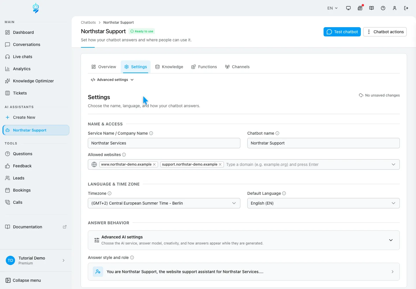 WebChatAgent interface showing open the correct chatbot and select settings