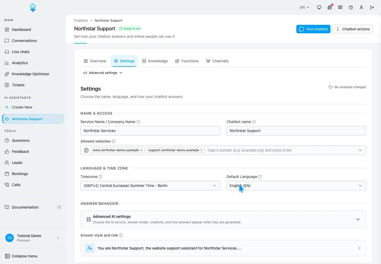 WebChatAgent interface showing set timezone and fallback language from business reality