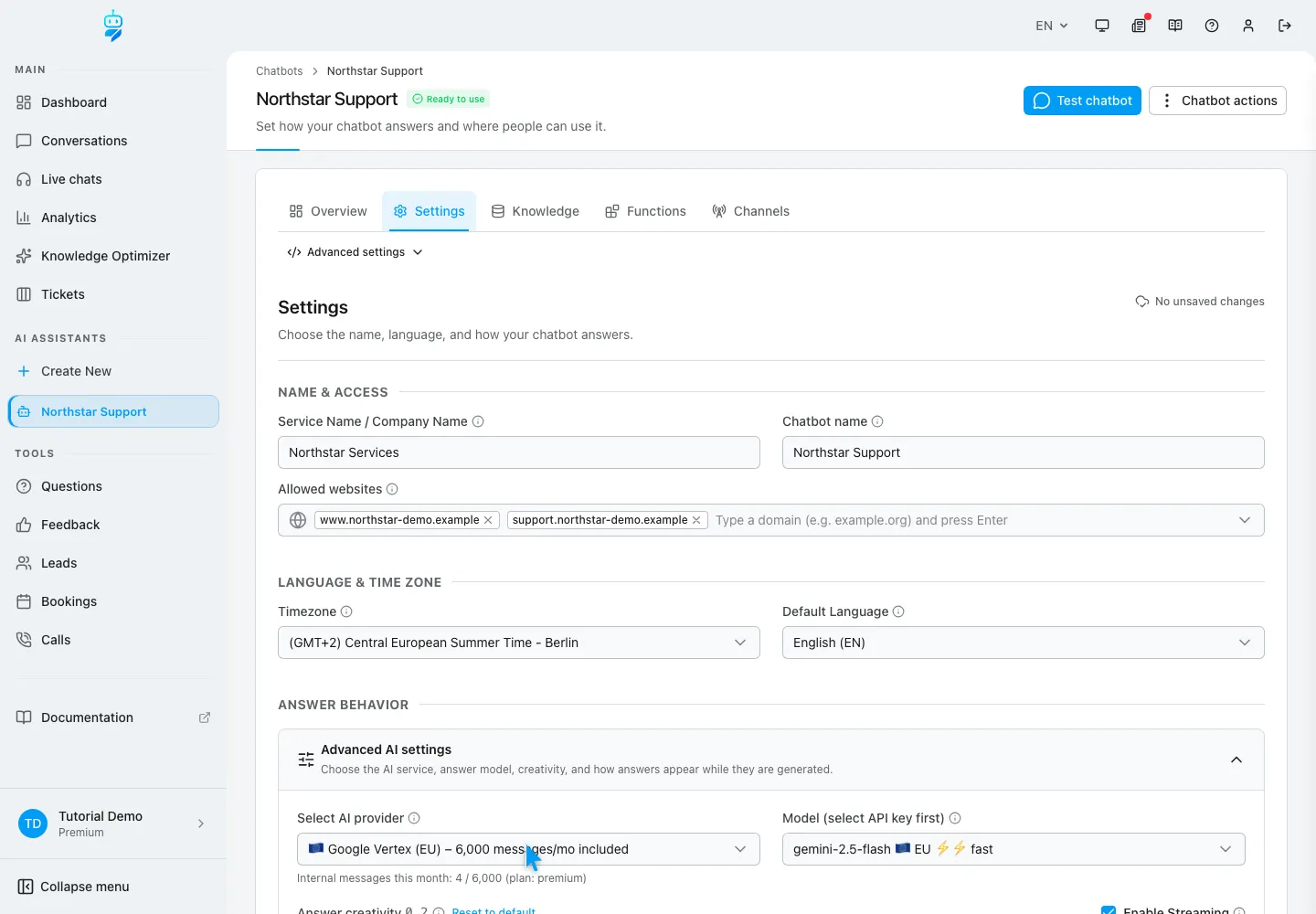 WebChatAgent interface showing choose the ai provider by policy, quota and location