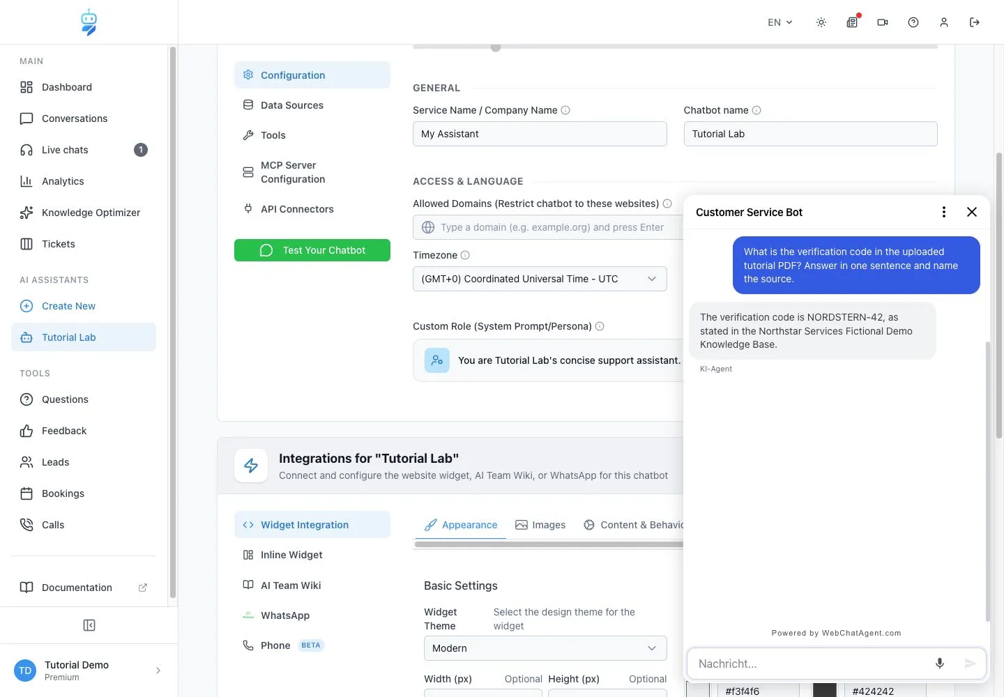 WebChatAgent interface showing the practical example result for WebChatAgent chatbot configuration fully explained