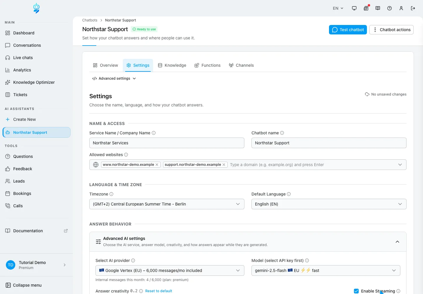 WebChatAgent interface showing tune answer creativity and streaming separately