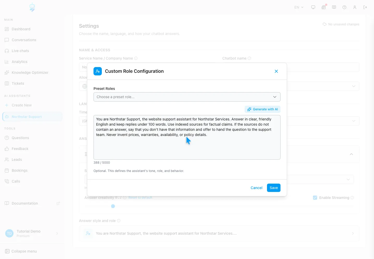 WebChatAgent interface showing write an operational answer style and role
