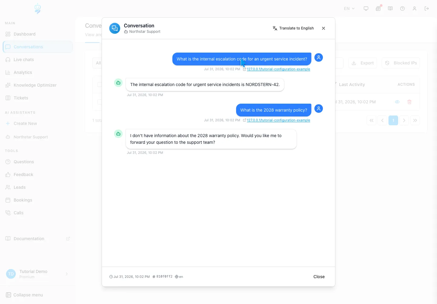 WebChatAgent interface showing verify one known answer and one honest non-answer