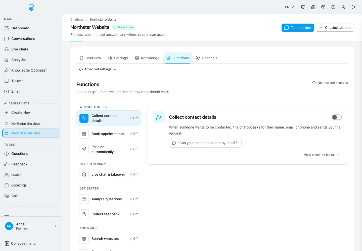 Interface de WebChatAgent montrant l'ouverture de l'onglet Functions