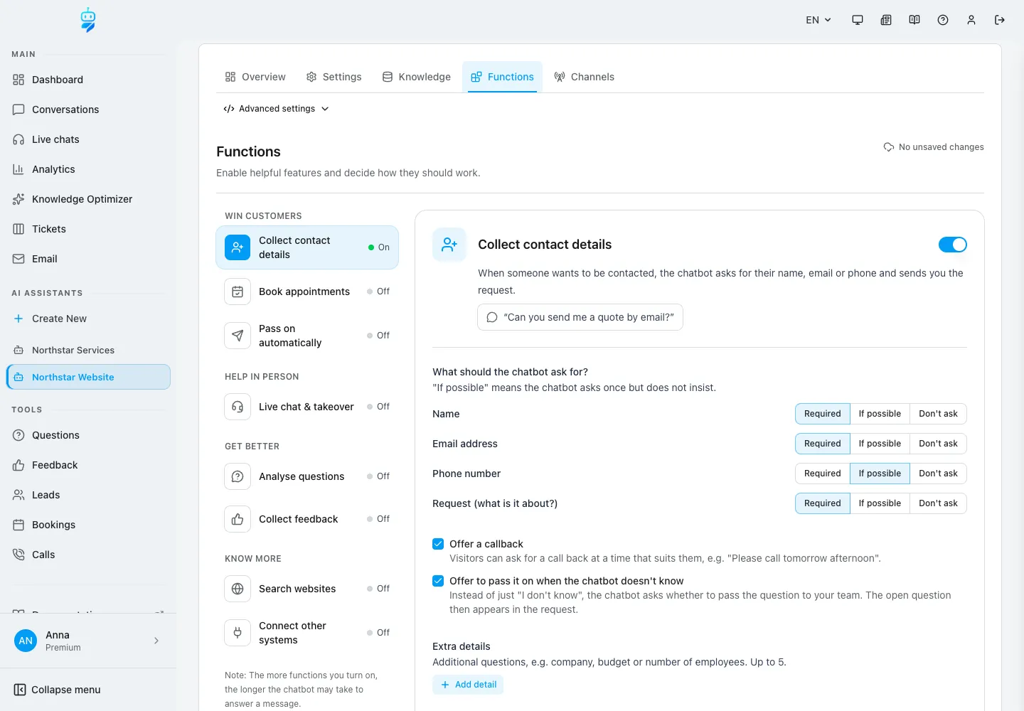 Interface de WebChatAgent montrant la collecte des coordonnées : choix des informations demandées par le chatbot