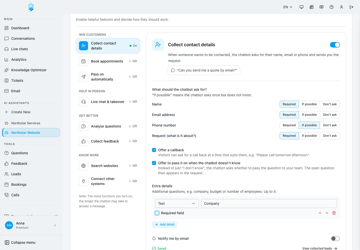 Interface de WebChatAgent montrant les rappels, la transmission et les détails supplémentaires
