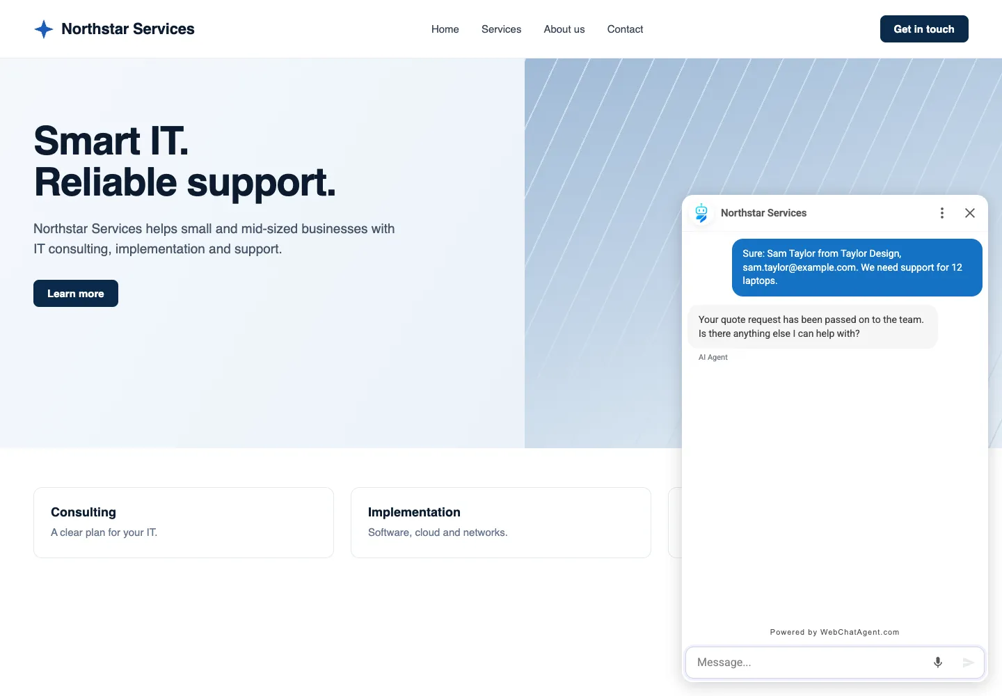 Interface de WebChatAgent montrant l'essai pratique : un visiteur demande un devis