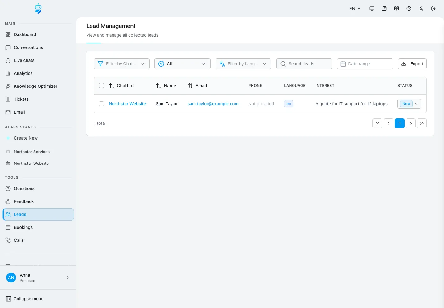 Interface de WebChatAgent montrant toutes les demandes sous leads