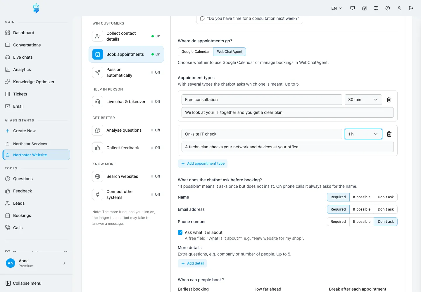 Interface de WebChatAgent montrant la réservation de rendez-vous : calendrier et types de rendez-vous