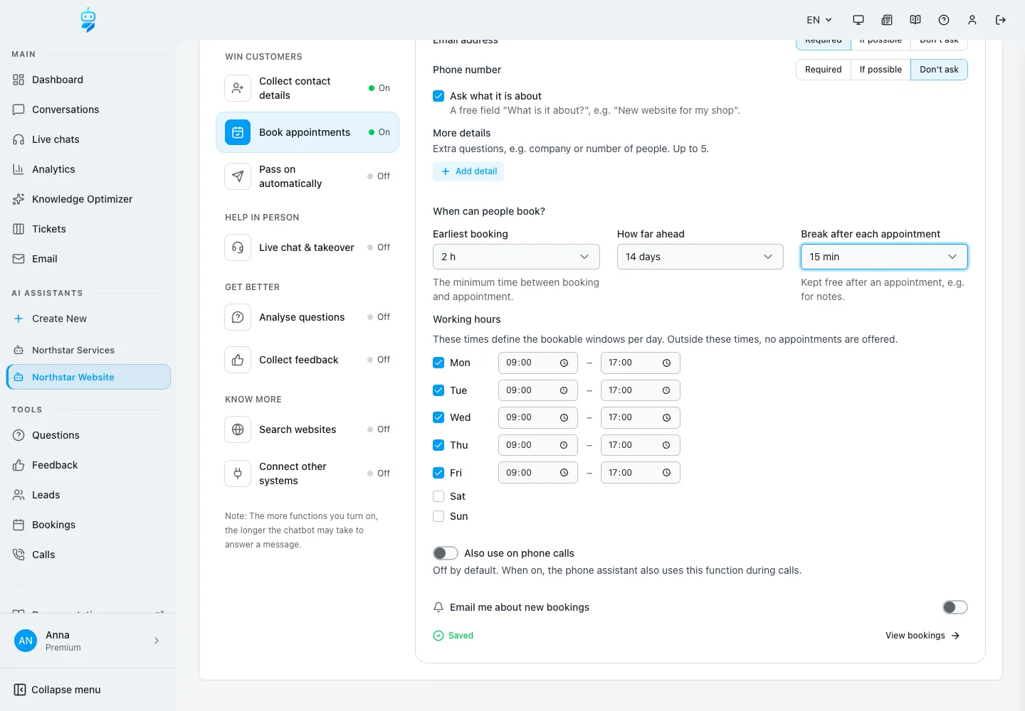Interface de WebChatAgent montrant les questions posées par le chatbot et les créneaux disponibles